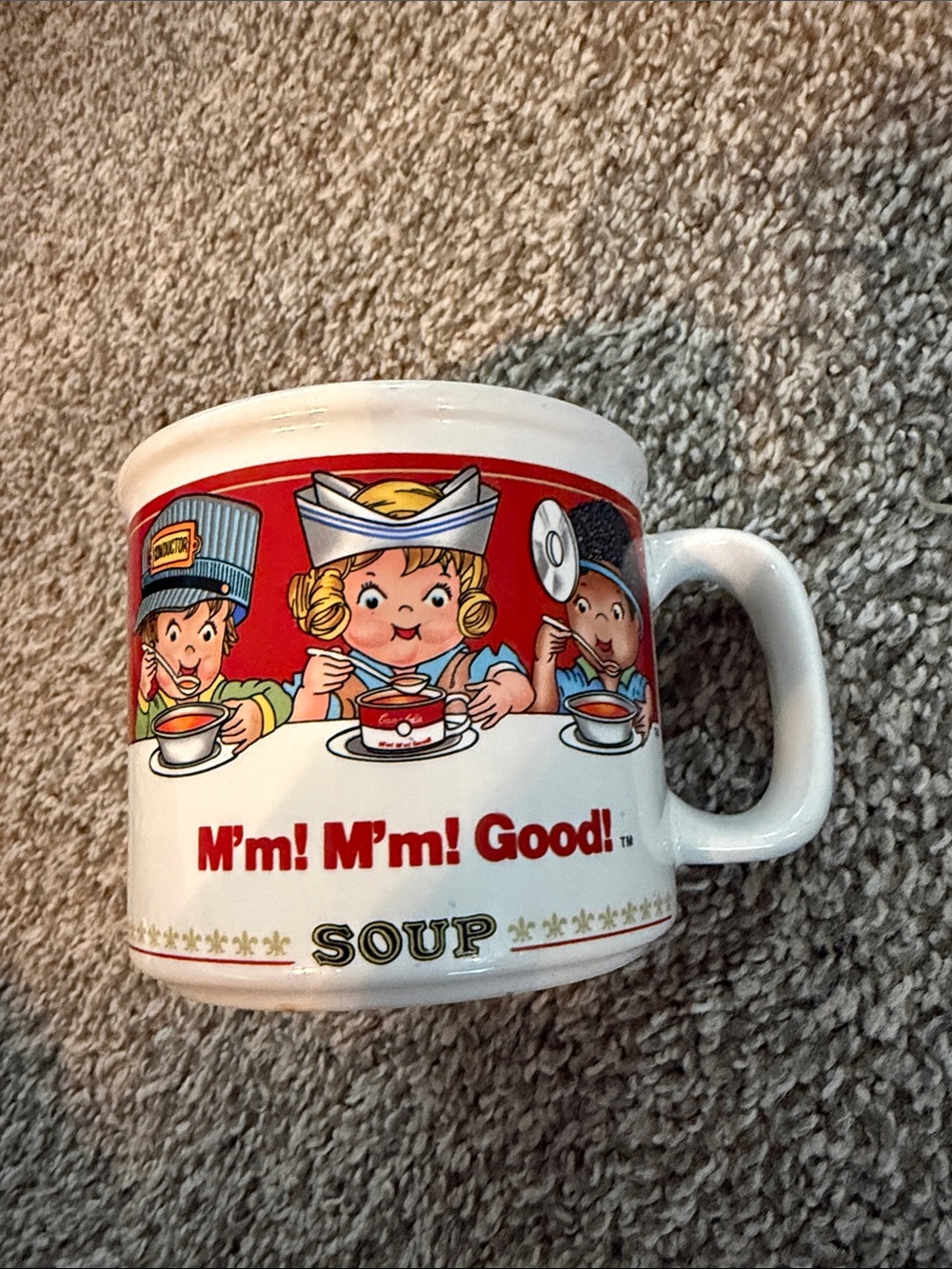 🛍 VINTAGE CAMPBELL’S  MUG , White and Red Retro Soup Mug with Playful Illustrat